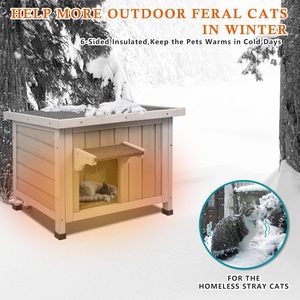 Maison pour chat d'extérieur en bois, isolée et résistante aux intempéries, pour chats errants, utilisation hivernale, avec porte d'évacuation et toit ouvert en asphalte - Product Image 2