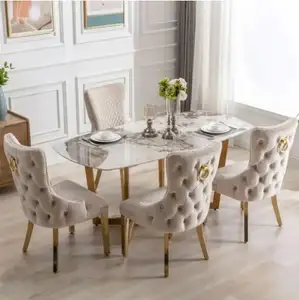 European Luxury Button Tufted Velvet Fabric Lion Knocker Modern Design Stainless Steel Legs Dining Room Sets of 6 Dining Chairs