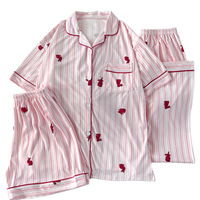 Pyjama trois pièces en tricot fin et respirant pour femme, style coréen, motif lapin de dessin animé, manches courtes, 100 % polyester, idéal pour l'été