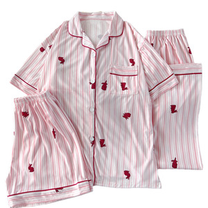 ชุดนอนกระต่ายการ์ตูนสไตล์เกาหลีแบบสามชิ้นสำหรับผู้หญิง ชุดฤดูร้อนแขนสั้นบางเบา เอวยางยืด ภาพถ่ายสินค้าจริง - Product Image 5