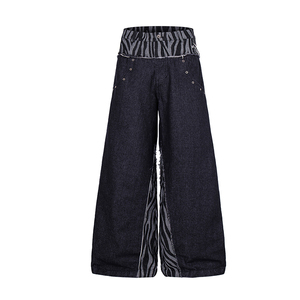 New Product American-style High Street Culture Streetwear Washed Zebra-striped Patchwork Jeans Loose and Wide-leg <strong>Trousers</strong> - Product Image 1
