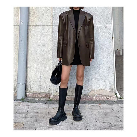 Fashion 4101 Ladies Leather Jacket Solid Color Pocket Casual Loose Elegant Genuine Leather Suits for Women