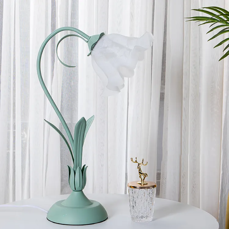 אמריקאי סגנון פרח צורת זכוכית צל ורוד/ירוק LED שולחן מנורת עבור מסעדת מלון בית OEM/ODM צד המיטה אורות מגע מנורה