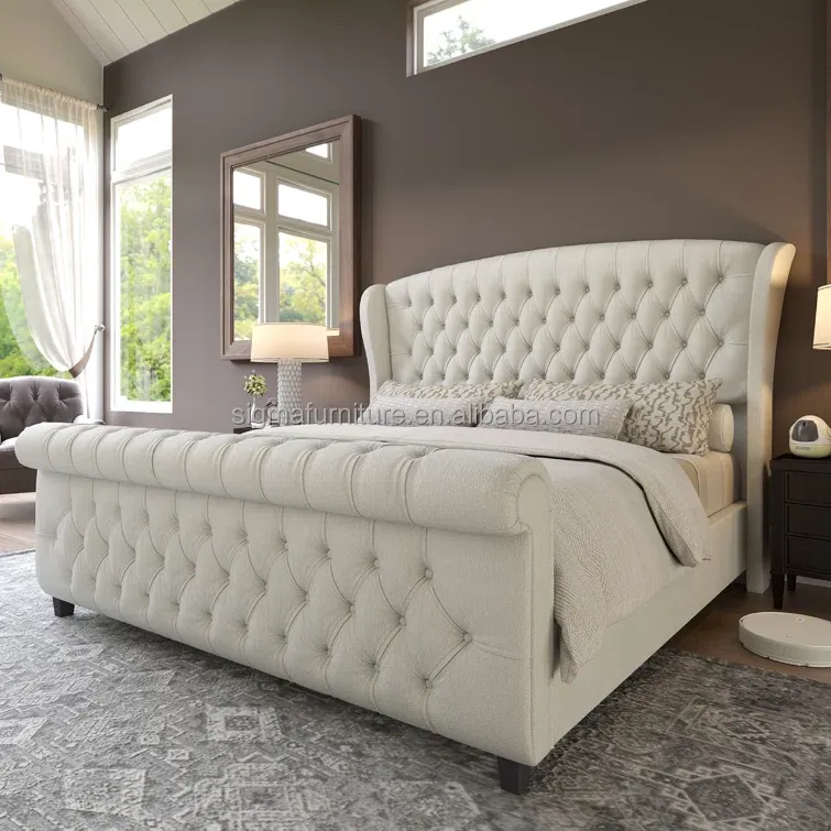 Hot Sale Velvet Upholstered Sleigh Bed with Scroll Wingback Headboard & Footboard