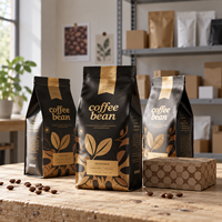 Sachet souple à soufflets latéraux imprimé noir et or, marque privée, emballage OEM pour torréfacteurs spécialisés, pour café en grains entiers torréfiés