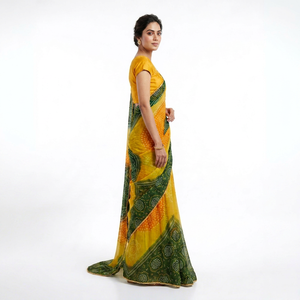 Sari de Seda con Estampado Digital Amarillo Verde para Mujer, Traje Tradicional de Boda, Largo hasta el Suelo, Corte Regular, Sin Arrugas, Estilo Indio, 7 Días - Product Image 1