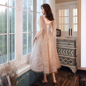 Champagne Evening Gown Women V-Neck A-Line Chiffon Empire Waist Long Dress For Party Birthday Elegant Socialite Style - Product Image 4