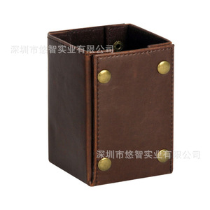 Portalápices de cuero vacuno hecho a medida, estilo retro europeo, plegable con cierre a presión, caja de almacenamiento creativa para escritorio de oficina, estuche cuadrado para bolígrafos. - Product Image 3
