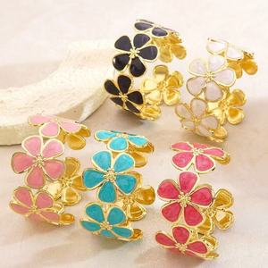 Bracelet manchette fleuri en émail <span class=keywords><strong>color</strong></span>é pour femme, en acier inoxydable, ajustable, style bohème, bijoux floraux, accessoires étanches - Product Image 3