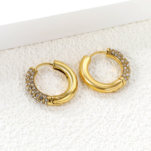Huggie <b>Earrings</b> Gold Rhinestone Round Geometric Party <b>Stud</b> <b>Earrings</b> For Women Zinc Alloy Bezel Setting EA32830AG - Product Image 3