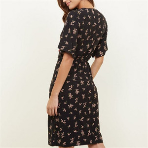 Manga corta paso dobladillo cintura elástica negro Floral suave nudo <span class=keywords><strong>en</strong></span> la parte delantera de - Product Image 4