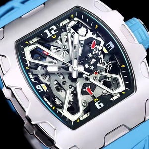 Montre mécanique automatique d'excellence inégalée 3503, boîtier tonneau en acier inoxydable, bracelet en caoutchouc bleu, lumineuse, sportive, ajourée pour homme - Product Image 1