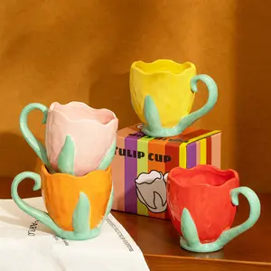 300ml 3D emboss Creative Tulip Ceramic Coffee Mug 2024