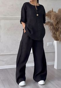 2025 Cross-Border Damen Herbst Zweiteiler Set Übergröße Baumwolle-Leinen-Spandex Bluse Hochgeschnittene Weite Hose - Product Image 6