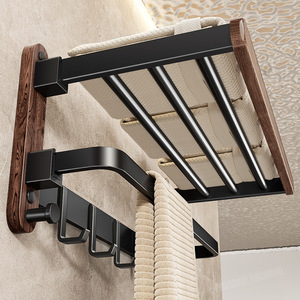 Blue Vine Walnut Wood Towel Rack 4 Bars Wall Mounted With Organizer Shelf For Bathroom - Product Image 3