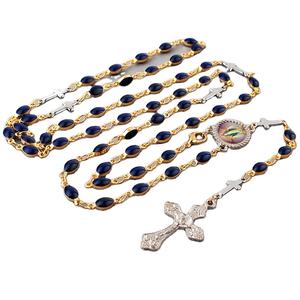 Mini connettore croce medaglia e blu scuro 14K oro reale placcato perline con catena di rame rosario Catholic collane per regali - Product Image 6