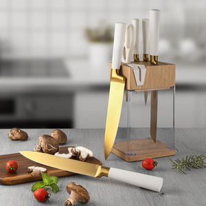 Household Cooking Cutlery <b>Set</b> Titanium Gold Coating Stainless Steel Kitchen <b>Knife</b> <b>Set</b> with Wood‑Spliced Acrylic <b>Knife</b> Block - Product Image 5