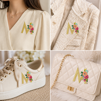 Patchs brodés personnalisés à motif floral, lettre M dorée, applique brodée pour vêtements et sacs, vente en gros d'usine OEM
