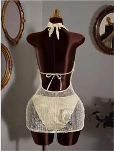 En stock – Ensemble 3 pièces texturé pour femme, 3 couleurs, comprenant une robe de plage transparente à col en V profond, un haut triangle et un paréo – Tailles S-L - Product Image 4