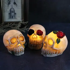 Halloween Glowing Skull Lights Resin Skeleton Head Statue With Rose Halloween Horror Props Party Home Bar Decorations LED Lamp