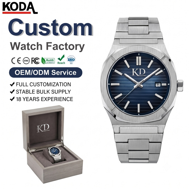 OEM Custom Automatic Men's Watch Mechanical Stainless Steel Integrated Bracelet Blue Dial Wholesale Manufacturer