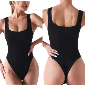Kadın Bodysuits seksi nervürlü kolsuz kare boyun tankı üstleri Bodysuits kadın tulumlar oyun