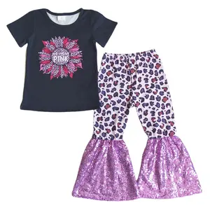 Nuovo Design neonate vestiti manica corta campana fondo pantaloni paillettes moda bambini abbigliamento set Boutique abbigliamento per bambini Outfit