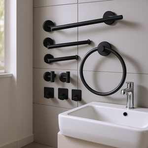 Ensemble de quincaillerie de salle de bain moderne en acier inoxydable à fixation murale, 9 pièces, finition brossée, design minimaliste, porte-serviettes et anneau pour bain - Product Image 2