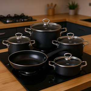 RIESS Black <b>Magic</b> 5 Piece Cookware <b>Set</b> With Stainless Steel Handles And Glass Lids For Stovetop Use - Product Image 3