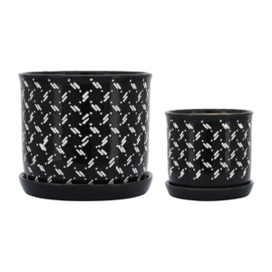 Vasi moderni in ceramica per piante con motivo a pois bianchi, set di due vasi neri per interni ed esterni con sottovasi. - Product Image 1