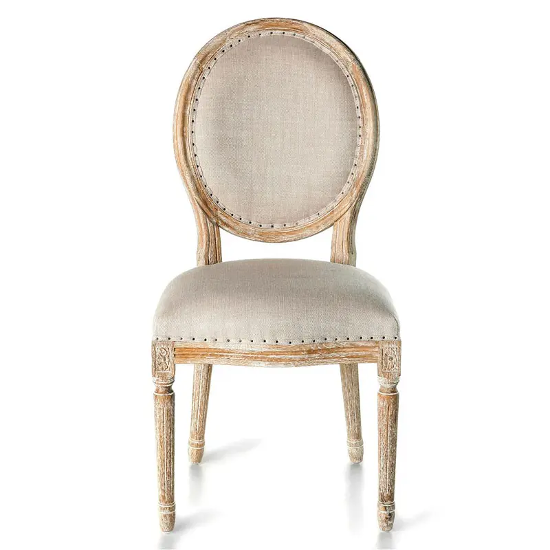 Chaise de salle à manger de luxe française XV Louis en bois de style antique avec dossier ovale rond en bois et tissu