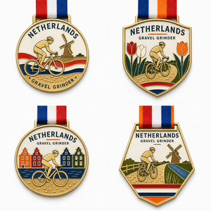 Médailles personnalisées avec ruban pour les vainqueurs de la course cycliste sur sentier forestier néerlandais, défi du vent, avec logo sur mesure, Pays-Bas, Gravel Grinder. - Product Image 1