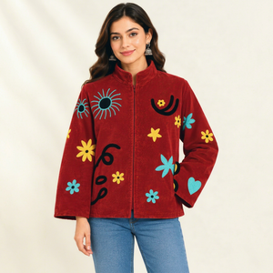 Handmade Maria Garments Red <b>Velvet</b> Embroidery Floral Pattern Eco-Friendly Bomber Jacket <b>Women</b> Long Sleeves Stand Collar Winter - Product Image 1