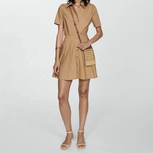 Robes décontractées pour femmes de haute qualité, à col à revers, manches courtes, couleur unie, 100% coton, style chemise boutonnée - Product Image 1