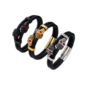 Bracciale europeo americano da uomo in acciaio inossidabile con teschio personalizzato in pelle di primo strato in pelle intrecciata con <span class=keywords><strong>pietra</strong></span> principale diamantata - Product Image 6