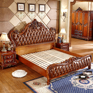 Ensemble de lit en bois massif de style royal européen avec un cuir véritable solide et durable pour une utilisation à domicile, dans une villa ou un hôtel - Product Image 3