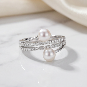 Adjustable Copper Double Freshwater Pearl <b>Open</b> <b>Ring</b> Triple Band CZ Pave Pearl Jewelry for Women Wedding Gift - Product Image 3