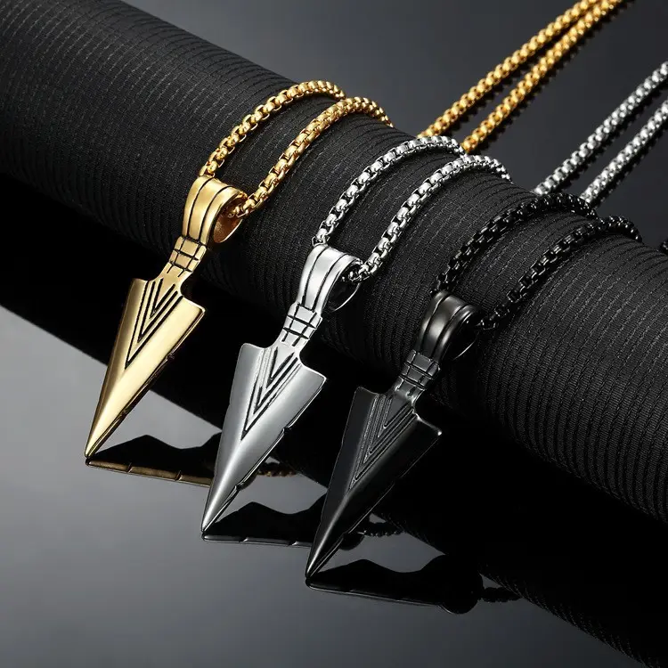 High Quality Fashion Men Hip-Hop Triangle Spearhead Retro Alloy Stainless Steel Arrow Punk Pendant Necklaces for Mens