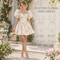 Mini-robe personnalisée pour femme, légère, en tissu tissé à imprimé floral, avec corsage froncé, manches bouffantes et jupe froncée coupe trapèze