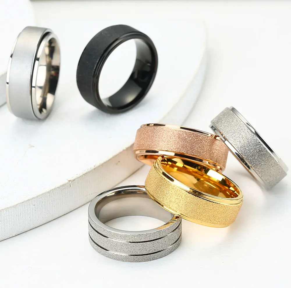 Sandblasted Silver Rose Gold Engraved Wedding Band Polished Domed Step Edge Comfort Fit Titanium Ring For Men Women Couple