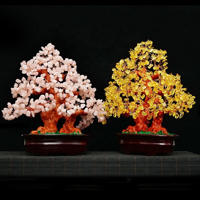 Feng Shui Bonsai Money Tree - Pink Crystal Decor for Wealth