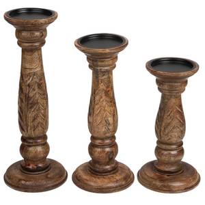 Ensemble de 3 bougeoirs ronds en bois sculpté à la main avec motif feuille, style antique vieilli, pour décoration intérieure - Product Image 1