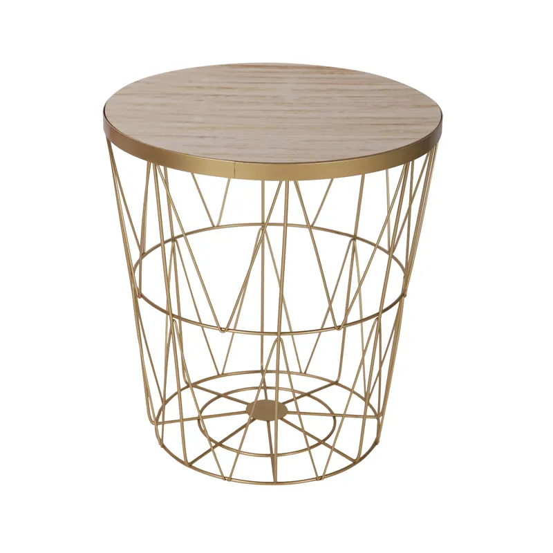 Hot selling promotional elegant design metal MDF round side tables coffee table for living room furniture storage basket