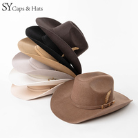 2025NEW SYHATS 100% Chapeau de Cowboy en feutre de laine avec ceinture en feutre Garniture en cuir métallique Chapeau en feutre unisexe à large bord Logo personnalisé OEM disponible