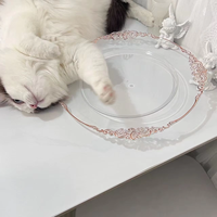 Nouvelle arrivée 2024, assiette en plastique transparente de style européen avec bord rose, assiette de service pour banquet de mariage