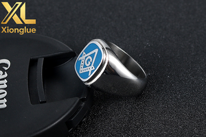 High Quality 18K Gold Plated Blue Oil Enamel Stainless Steel Unisex Hiphop Punk Freemason <b>Masonic</b> Custom Rings <b>Gift</b> - Product Image 5