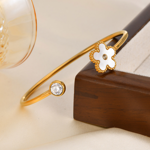 18K PVD Gold Mother of Pearl Clover Teardrop Pearl Jewelry <b>Set</b>: <b>Bangle</b> Bracelet & Dangle Earrings | Waterproof & Hypoallergenic - Product Image 4