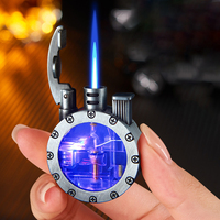 Briquet à gaz vintage coupe-vent avec fenêtre transparente, flamme bleue, en métal, avec lumières LED, idéal pour un cadeau