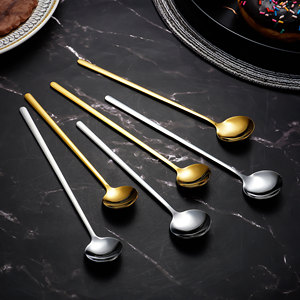 <span class=keywords><strong>QZQ</strong></span> Cuillère à café à long manche Petites cuillères à dessert en métal coréen Cadeau Couverts en acier inoxydable argenté Ensemble de cuillères à thé en or - Product Image 1