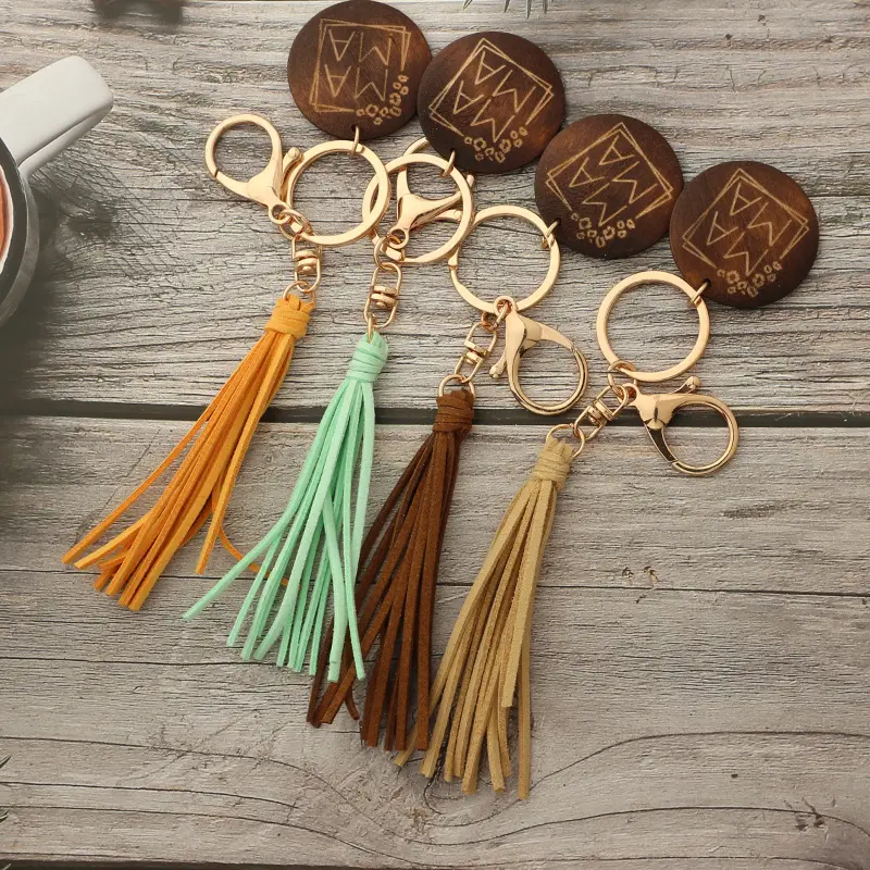 Boho Trống ĐĨA GỖ MAMA Key Chain Handmade Suede Tassel Keychain Kim Loại Tùy Chỉnh Tên Key Ring Cho Quà Tặng